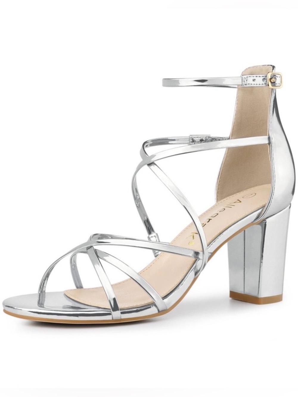 BNWOB Allegra K Strappy Metallic Silver Criss Cross Buckle Strap Block Heels 7